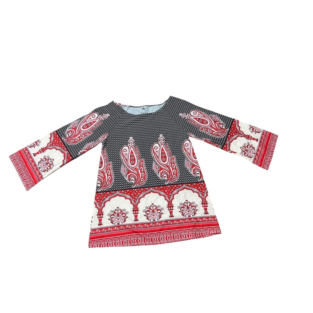 Hanyag Womens Boho Paisley Print Tunic Top Red Black 3/4 Bell Sleeve Size M